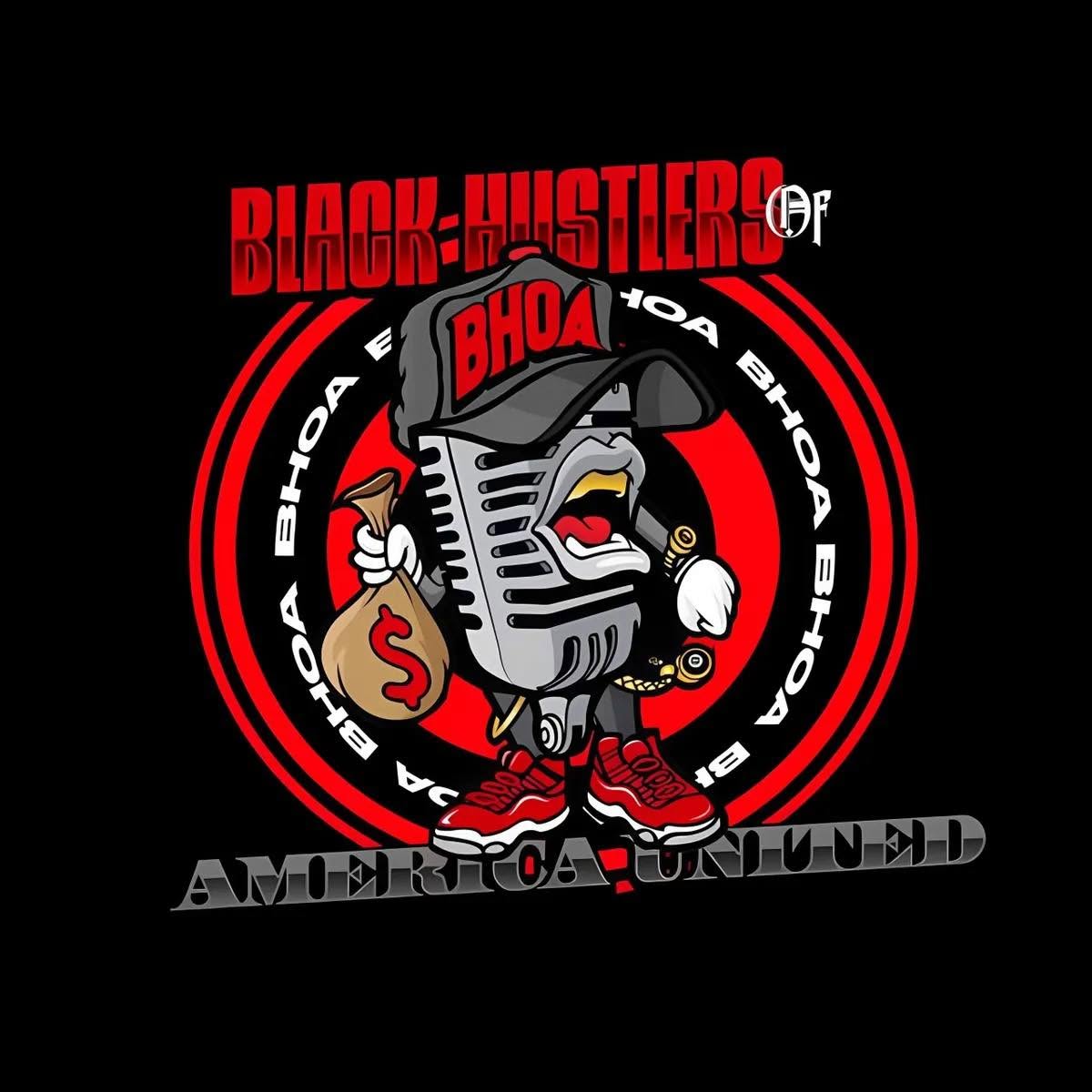 Black-Hustlers of America United record label logo featuring a microphone mascot in a BHOA cap holding a money bag