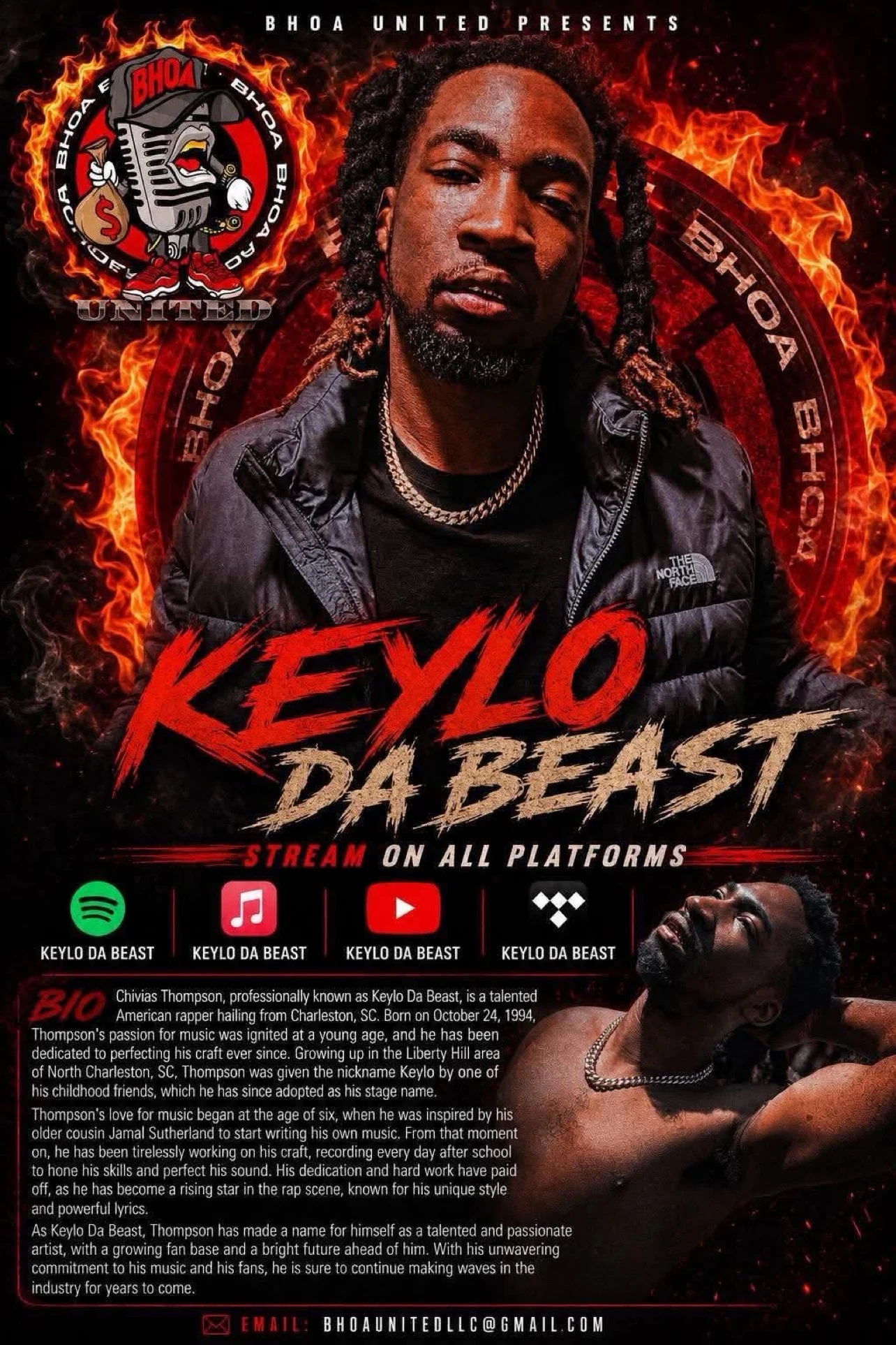 BHOA United biography flyer for Keylo Da Beast with streaming platform information