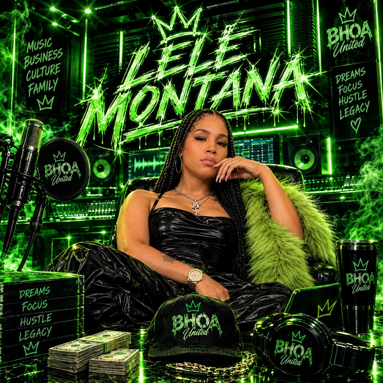 LeLe Montana seated in a green-lit BHOA United recording studio portrait