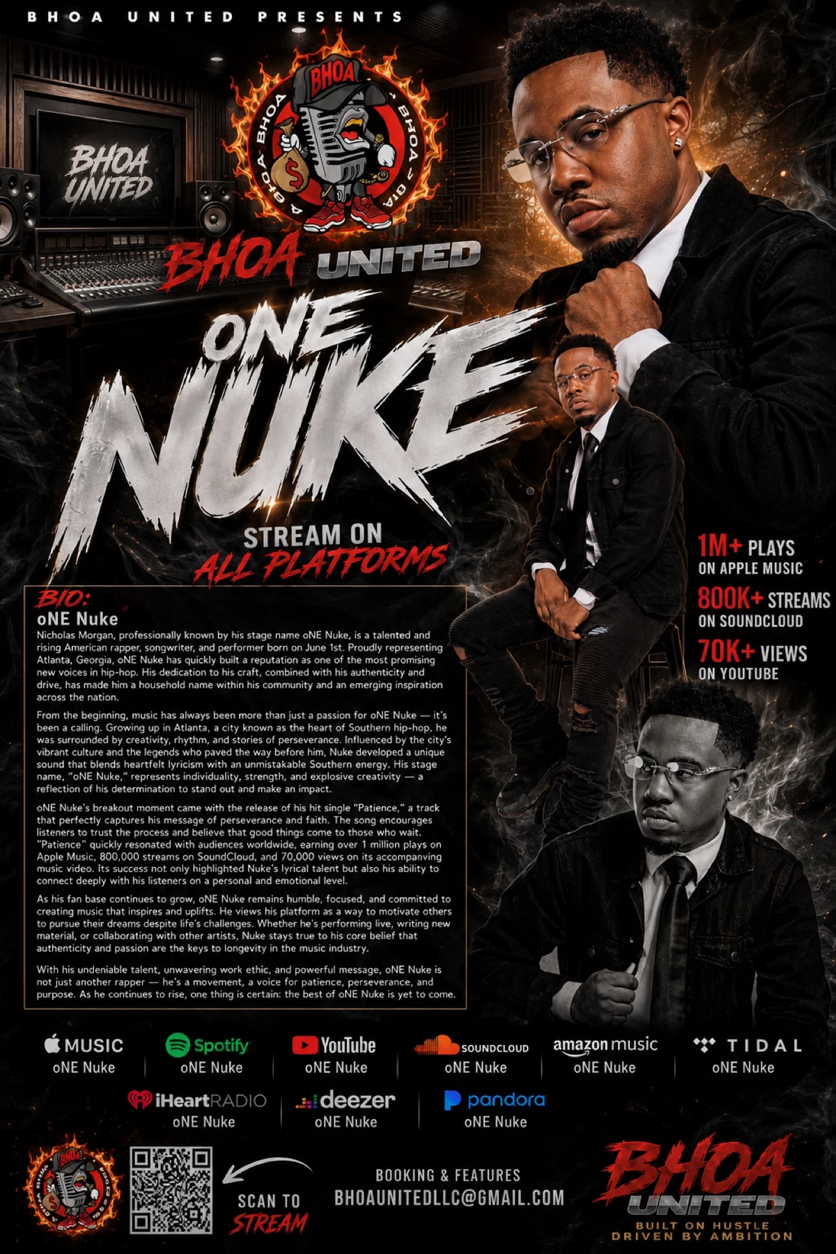 BHOA United Presents oNE Nuke biography flyer with streaming milestones and platform list
