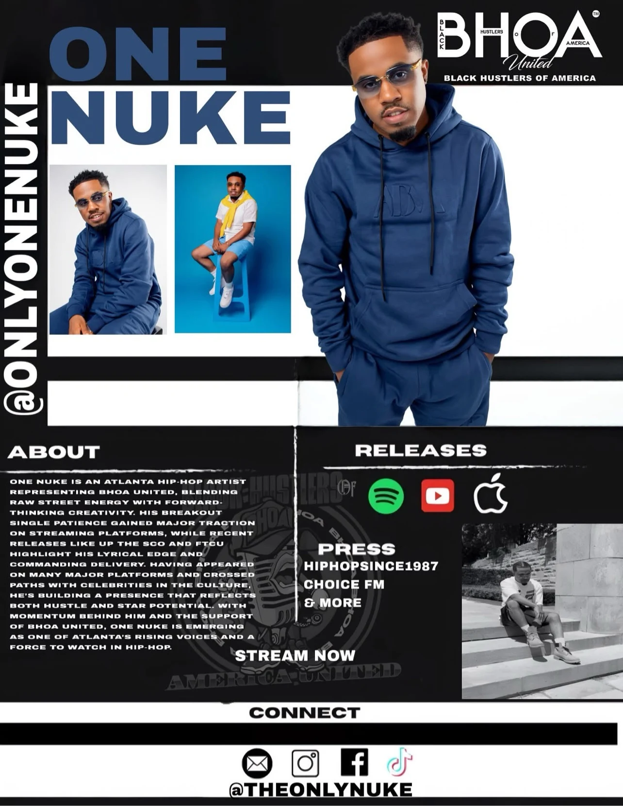 ONE NUKE promotional flyer with artist photos, biography, releases, and press mentions